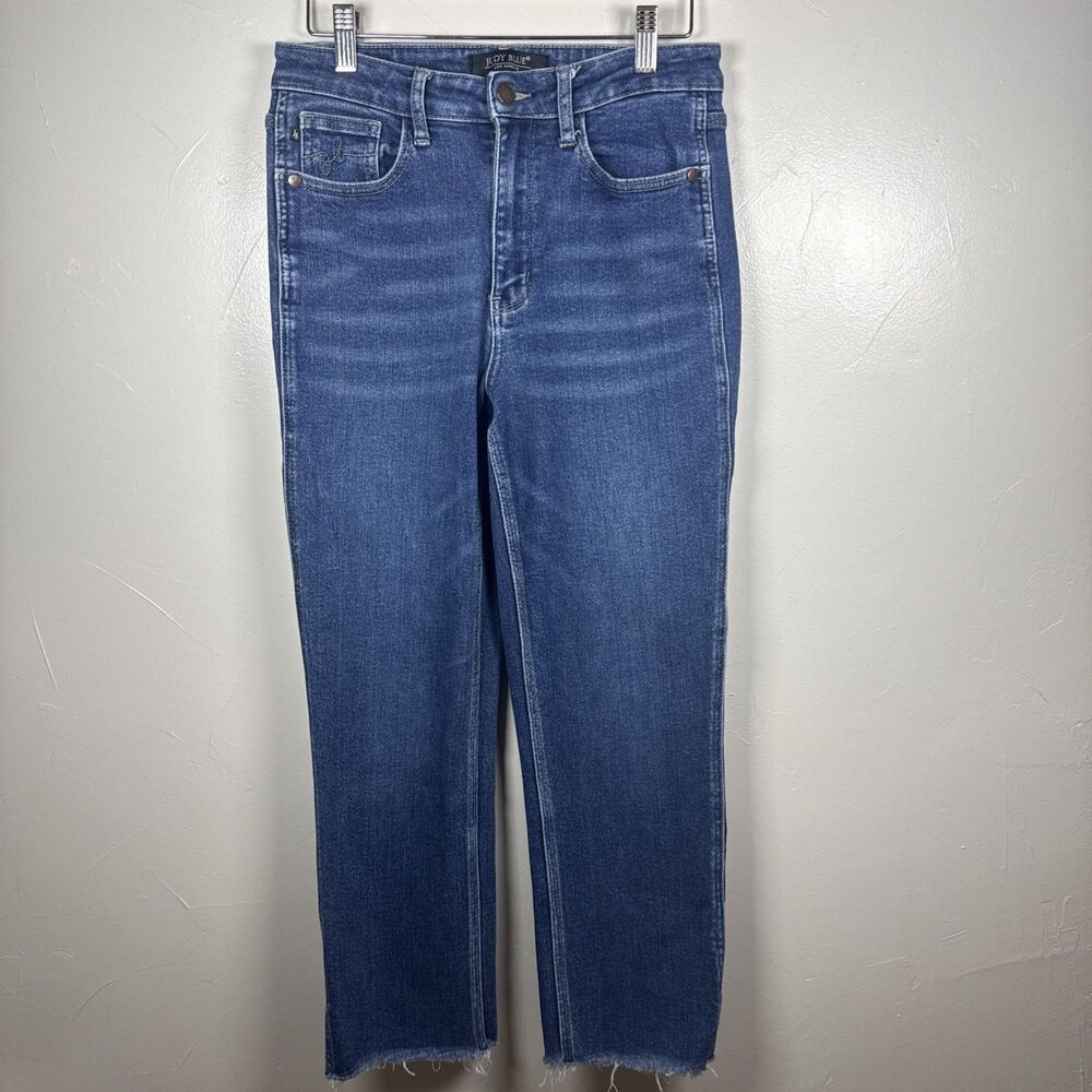 Judy Blue Betsy High Rise Straight Fit Side Slit Cropped Distressed Hem Jeans 27